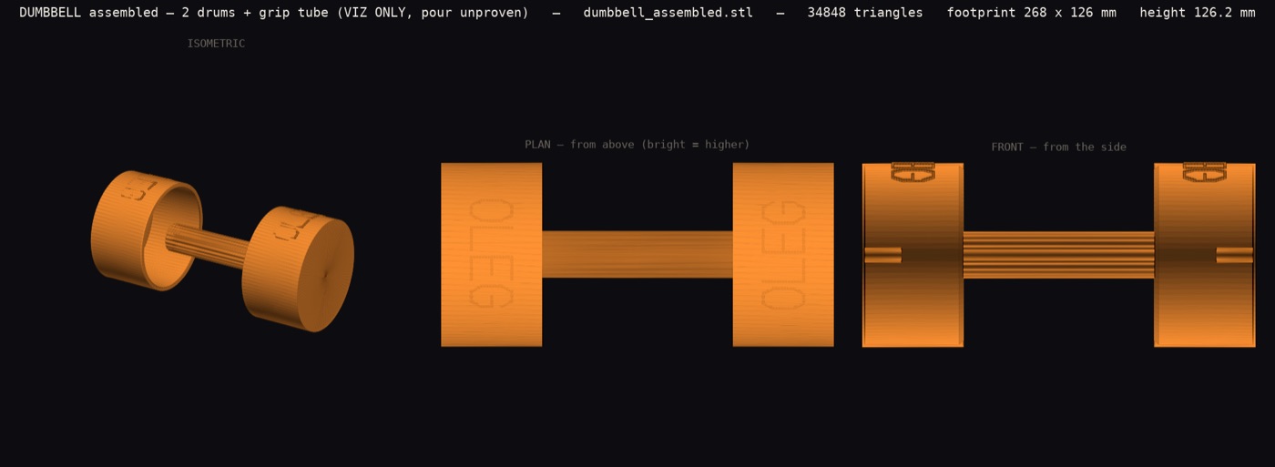Three-view render of the assembled dumbbell: two drum ends with the name on the rims and a fluted grip tube, from the build files